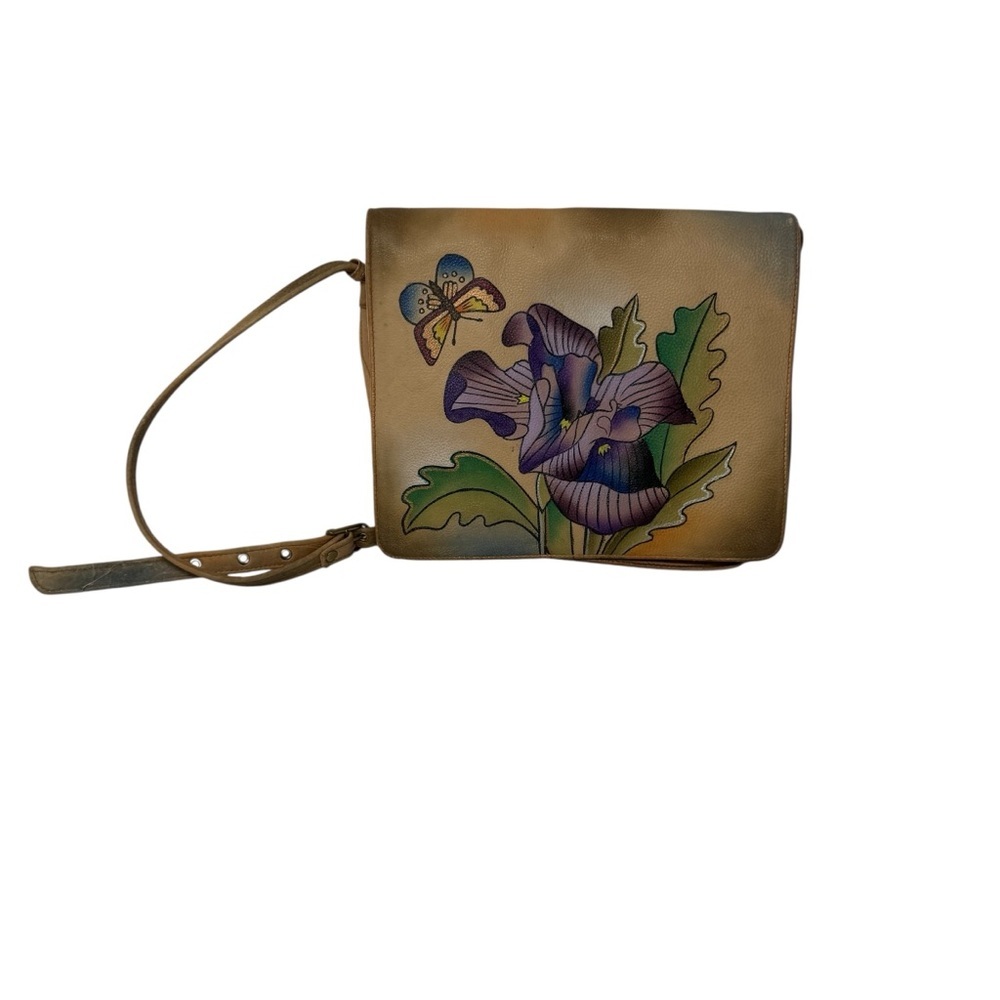 Magnifique. Hand-Painted Floral Tan Adjustable Purse. One Size.
